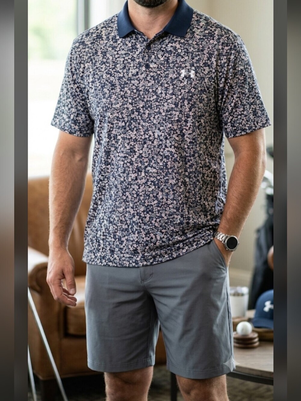 Under Armour Golf Matchplay Polo Shirt Mens Floral Blue Navy Loose Size 2XL NWT